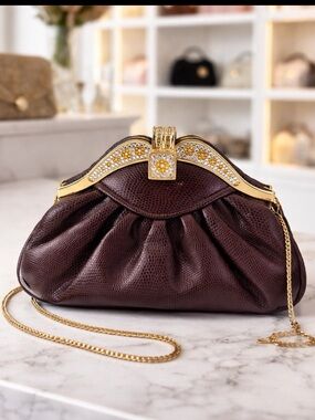 Vintage Y&S Burgundy Leather Clutch Bag Lizard Embossed Rhinestone Clasp Chain